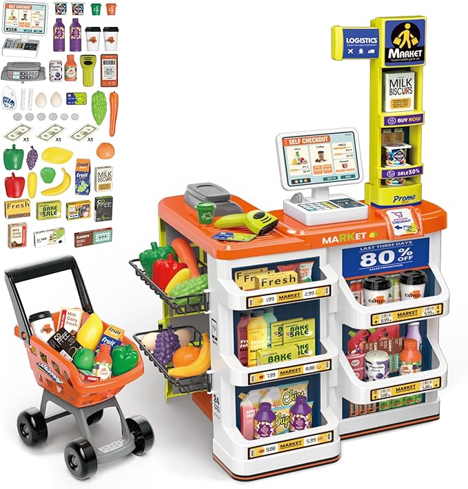 🛒 Supermarket Play Set for Kids (60 pcs) – Shop, Scan & Play! 🧃🍎